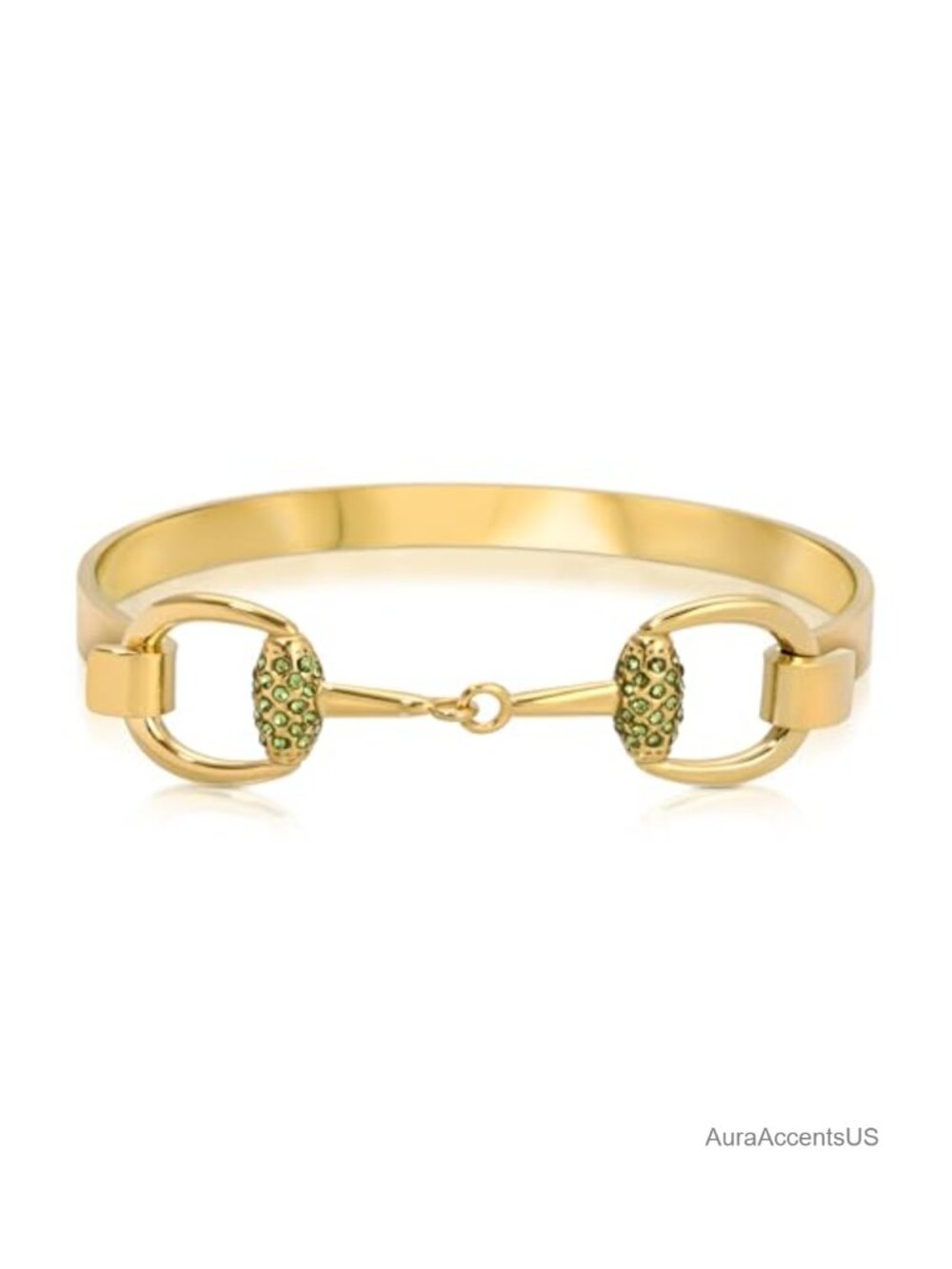 18K Gold-Plated Bangle with Light Green Stones - Equestrian Horse Bit Design